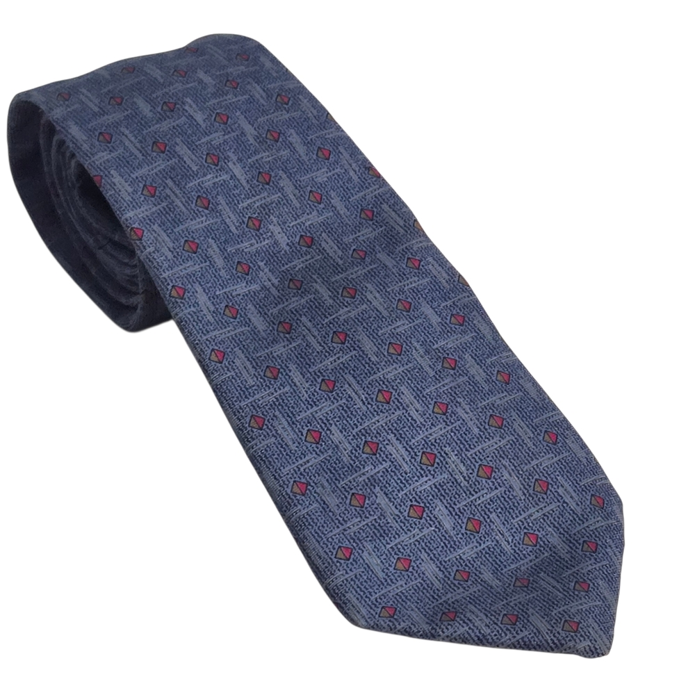 Vintage Yves Saint Laurent Navy Blue Geometric Pattern Silk Necktie